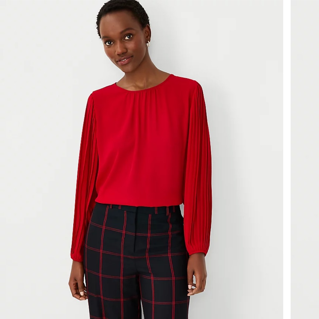 Nwt Ann Taylor Red Mixed Media Pleated Sleeve Top Size M
